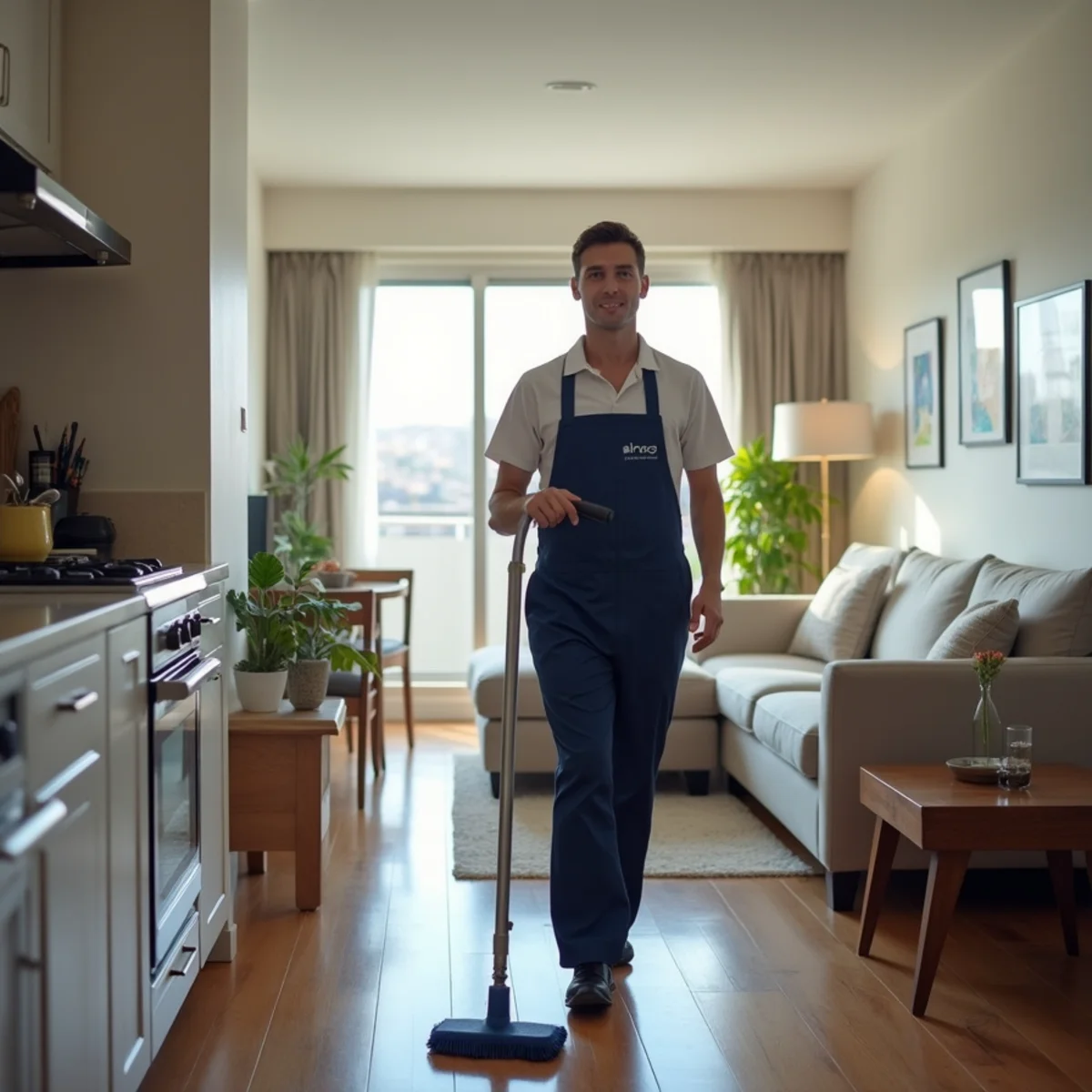 Sanitizing apartment kitchen counters and appliances in Selden NY residential complex