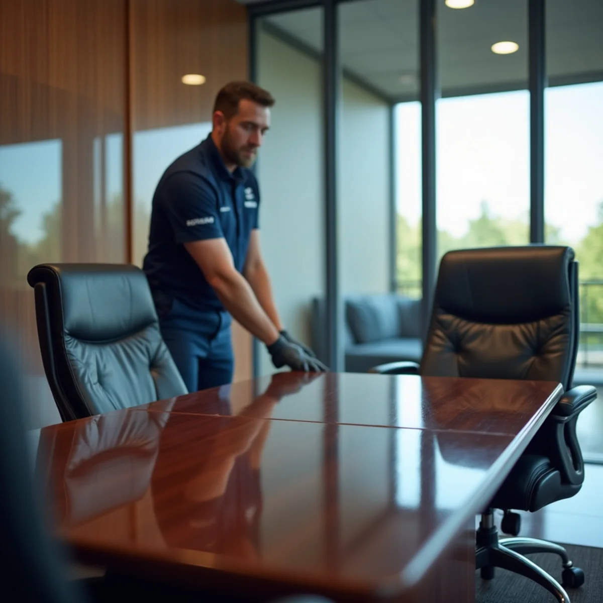 Polished corporate conference room and commercial workplace cleaned by JM Cleaning Group