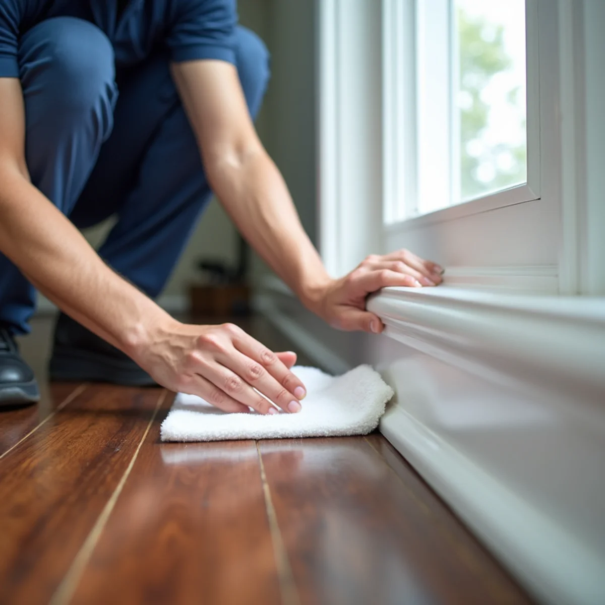Hand scrubbing baseboards and bathroom tile grout lines in Suffolk County home